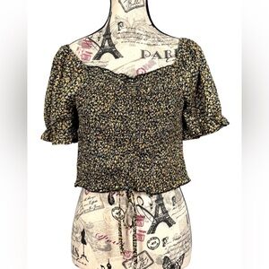 She + Sky Black and Yellow Charming Floral Midriff Floral Tie Front Top Size Med